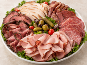 Deli platter with assorted sliced meats and olives